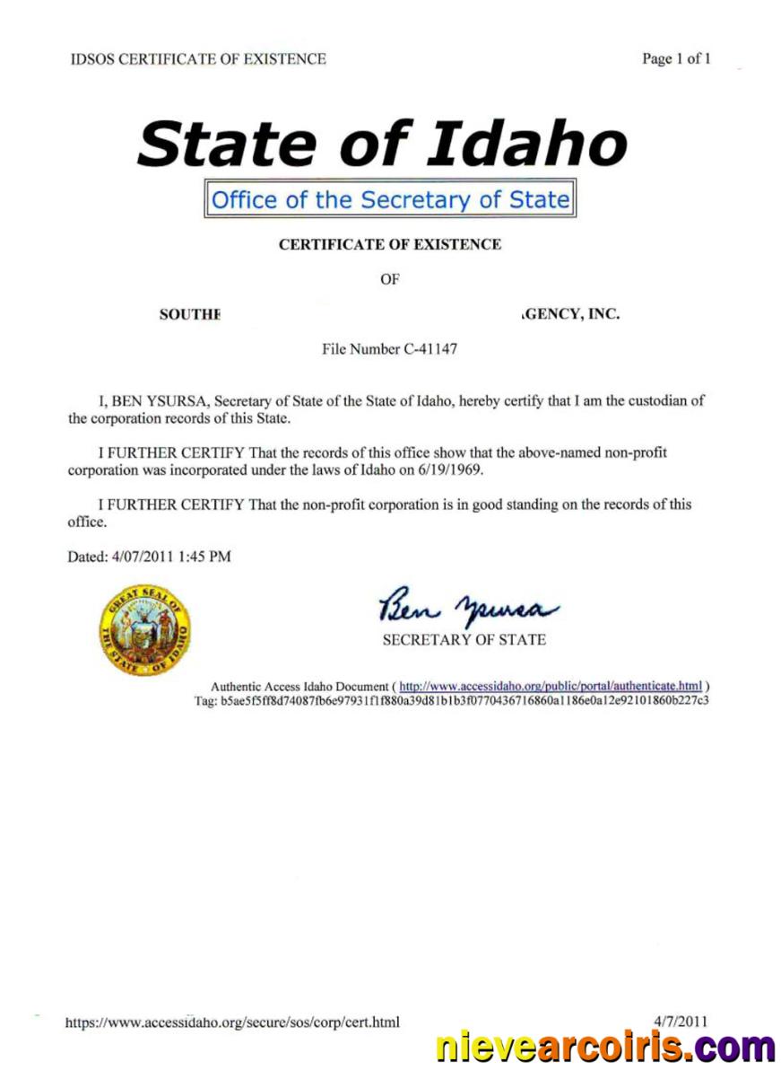 USA Idaho certificate of good standing
